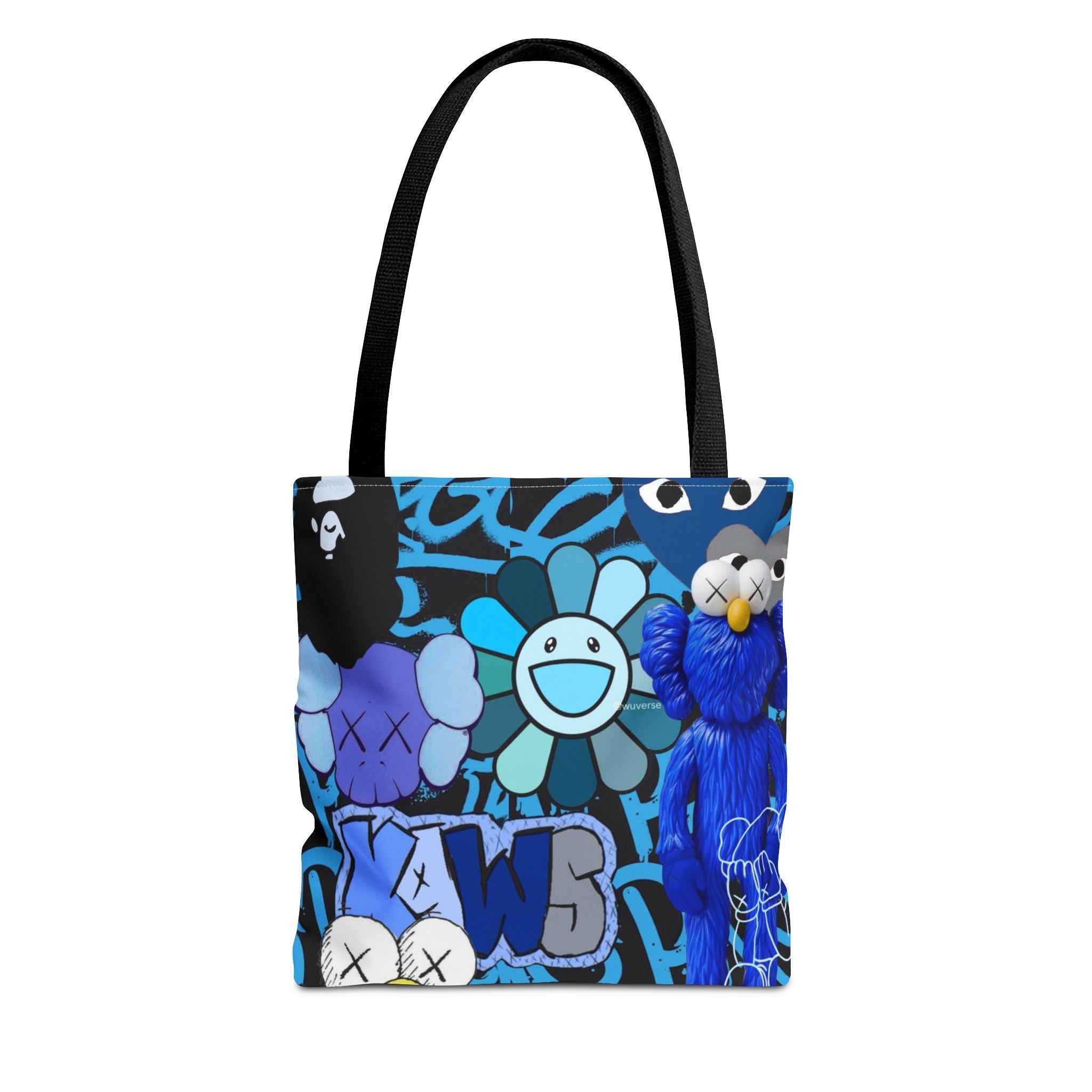 Blue Graphic Tote Bag — Street Art Floral & Teddy Design