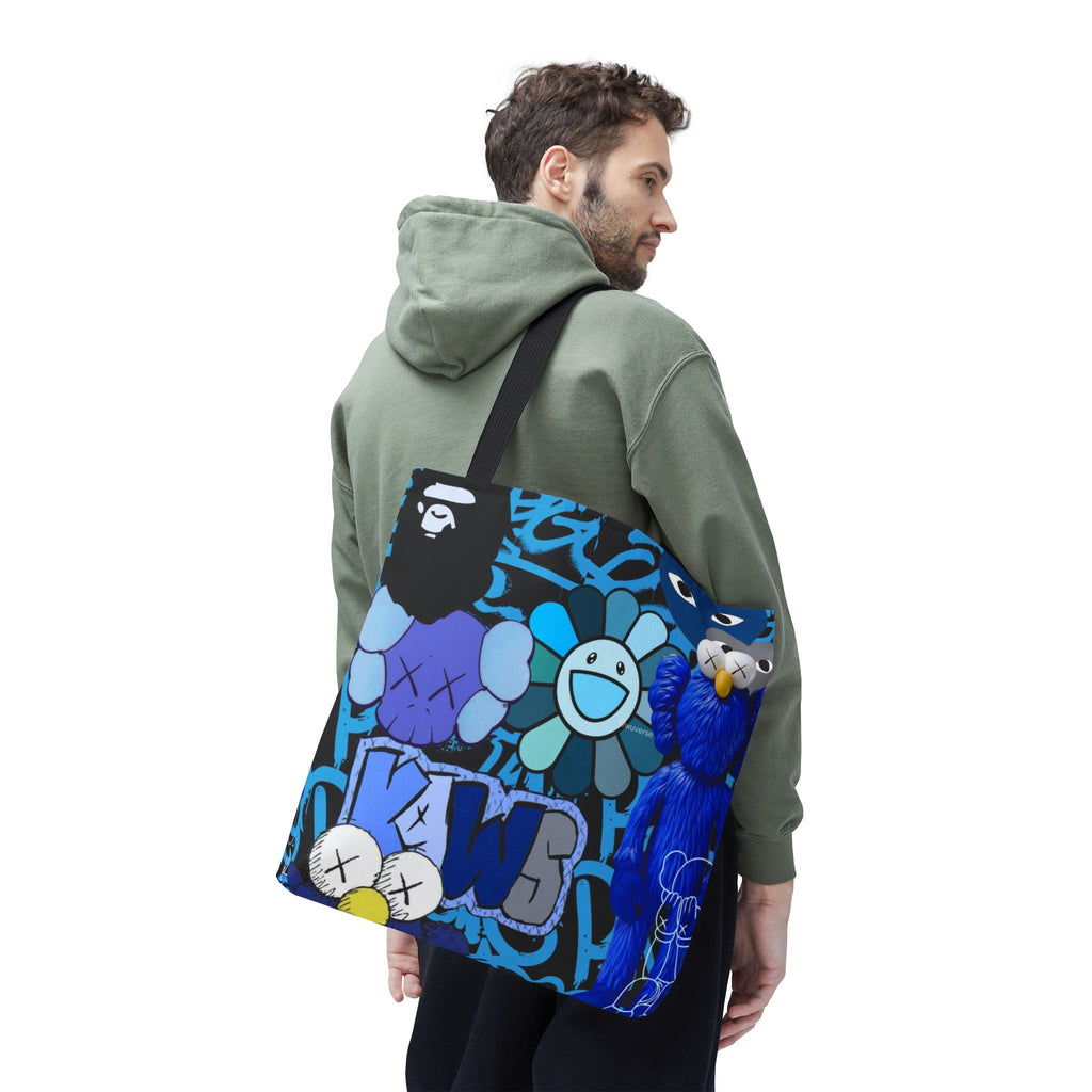 Blue Graphic Tote Bag — Street Art Floral & Teddy Design