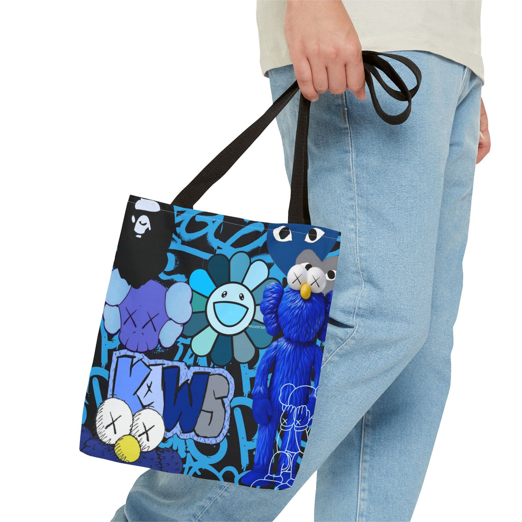Blue Graphic Tote Bag — Street Art Floral & Teddy Design