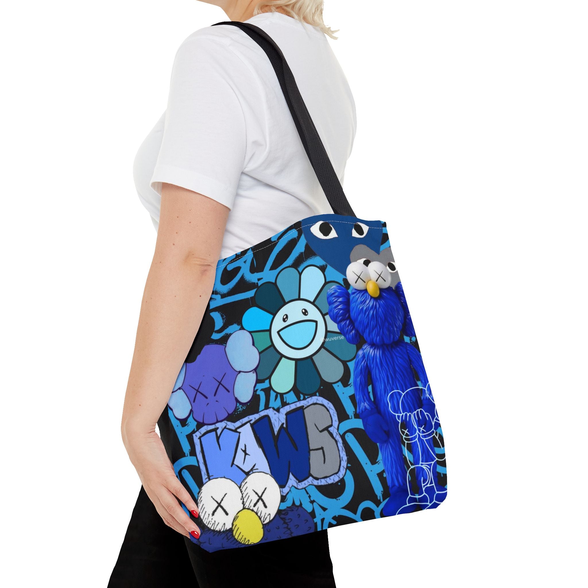 Blue Graphic Tote Bag — Street Art Floral & Teddy Design