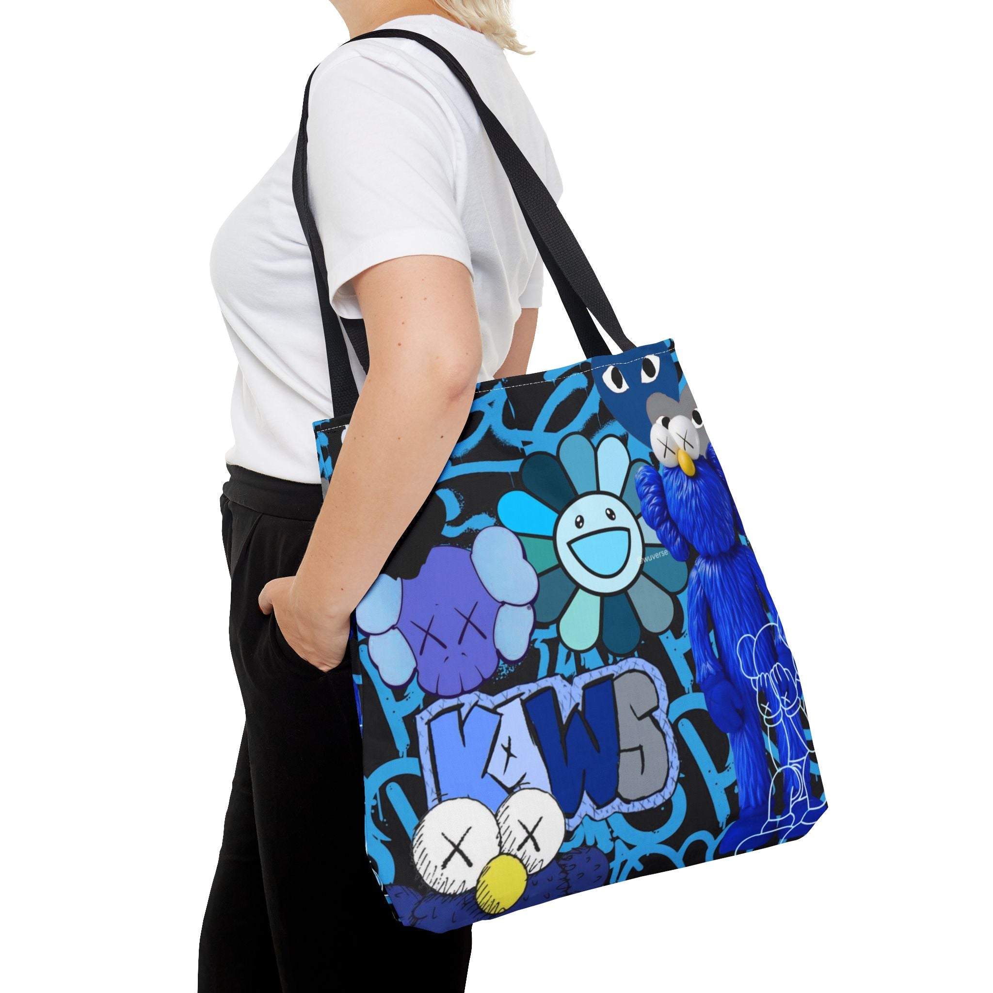 Blue Graphic Tote Bag — Street Art Floral & Teddy Design