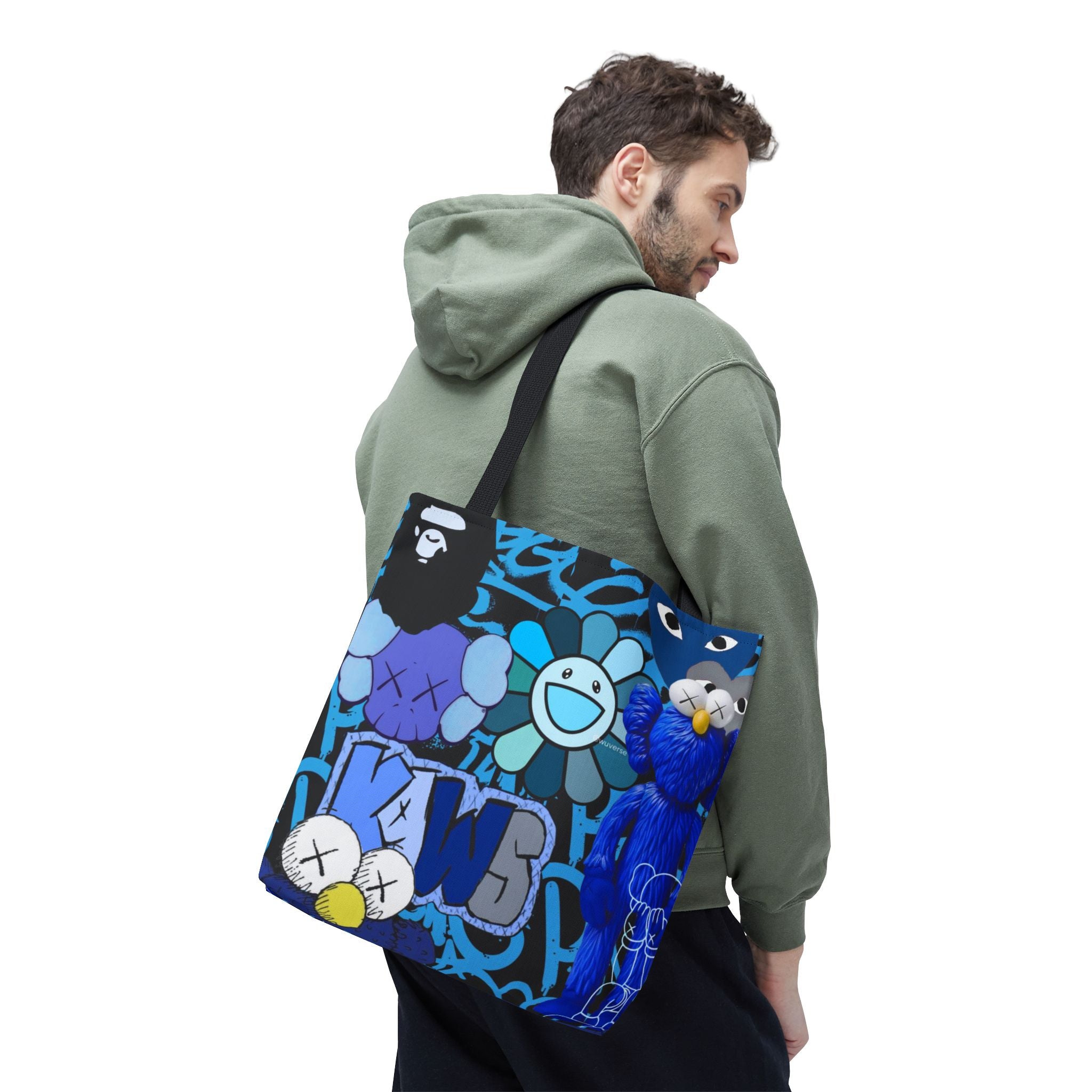 Blue Graphic Tote Bag — Street Art Floral & Teddy Design