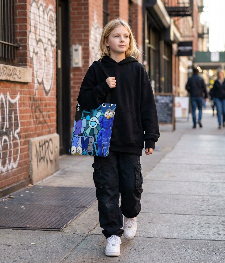 Blue Graphic Tote Bag — Street Art Floral & Teddy Design